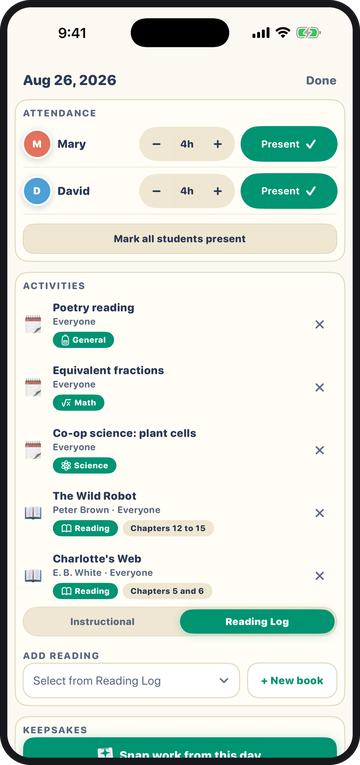 A school day in Seedlings listing instructional activities with their subjects and the books read, from the Reading Log